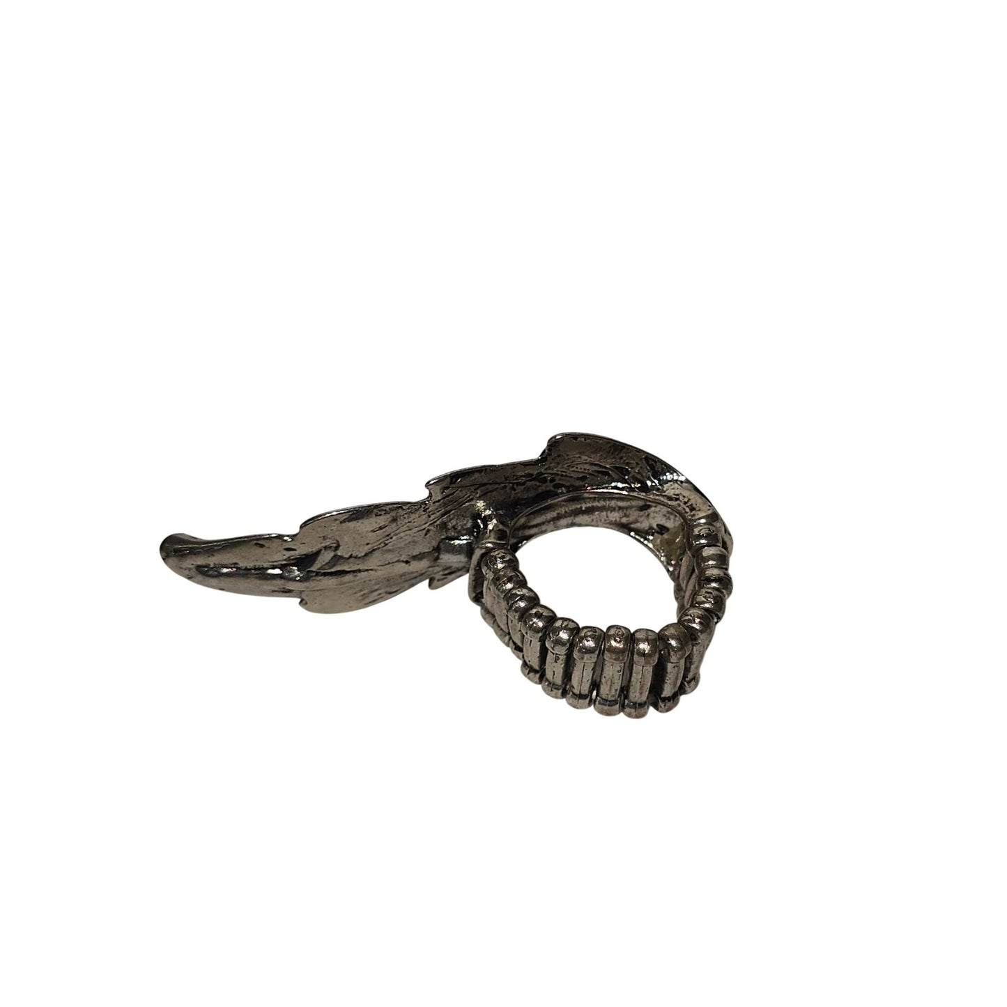 Silver Tone Adjustable Feather Ring Rhinestone Accents Statement Jewelry