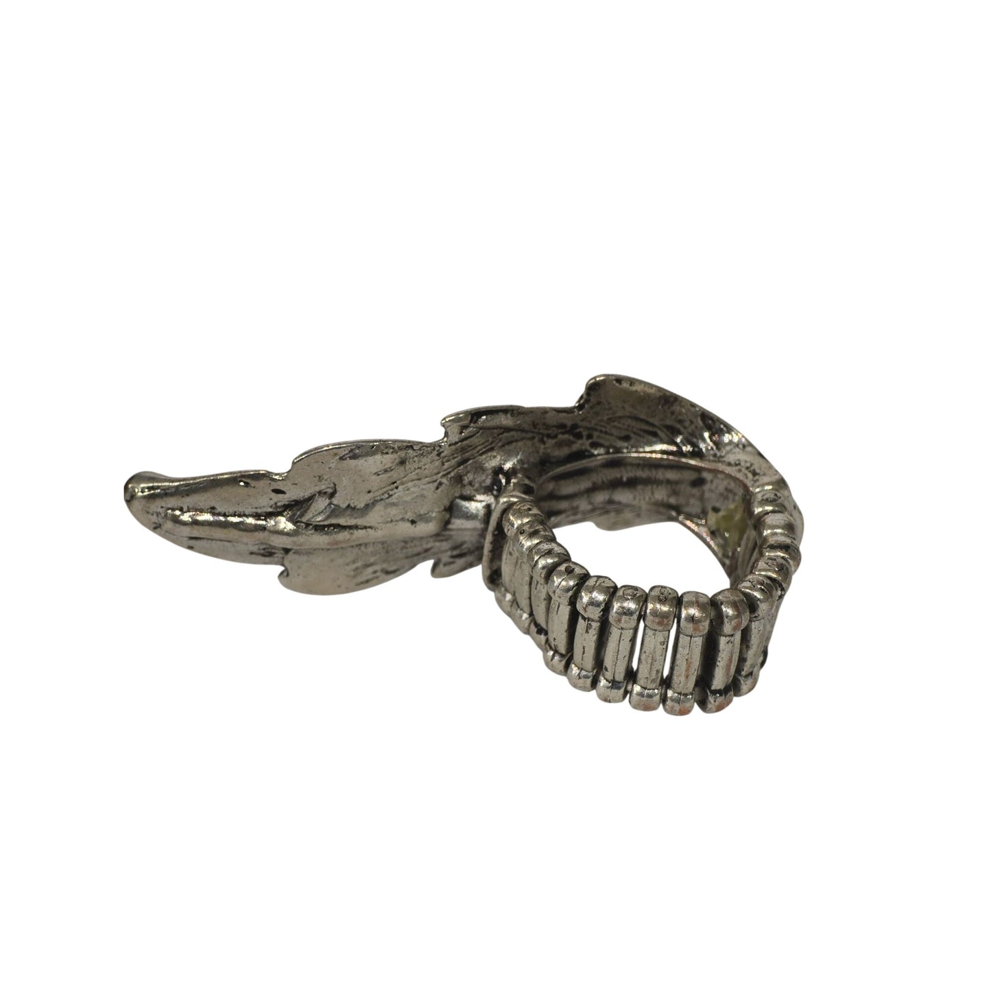 Silver Tone Adjustable Feather Ring Rhinestone Accents Statement Jewelry