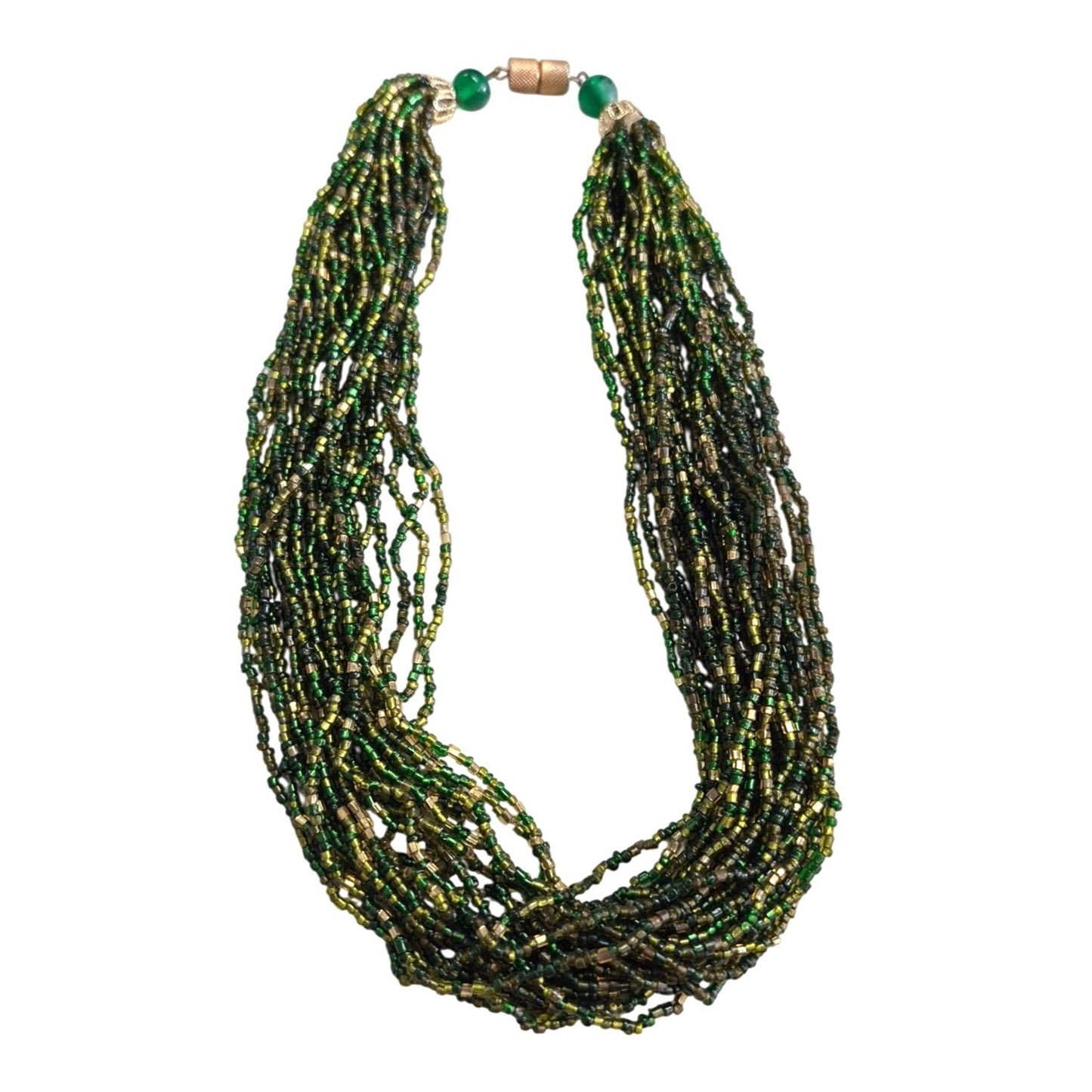 Multistrand Green & Gold Beaded Necklace Screw Clasp Elegant Costume Jewelry