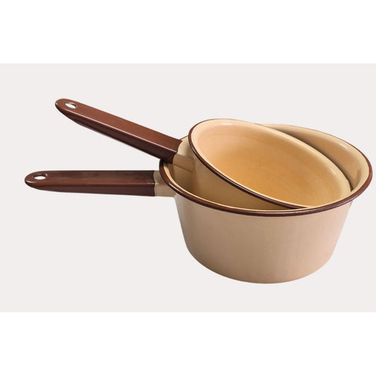 Set 2 Vintage Tan & Brown Enamel Saucepans Handles