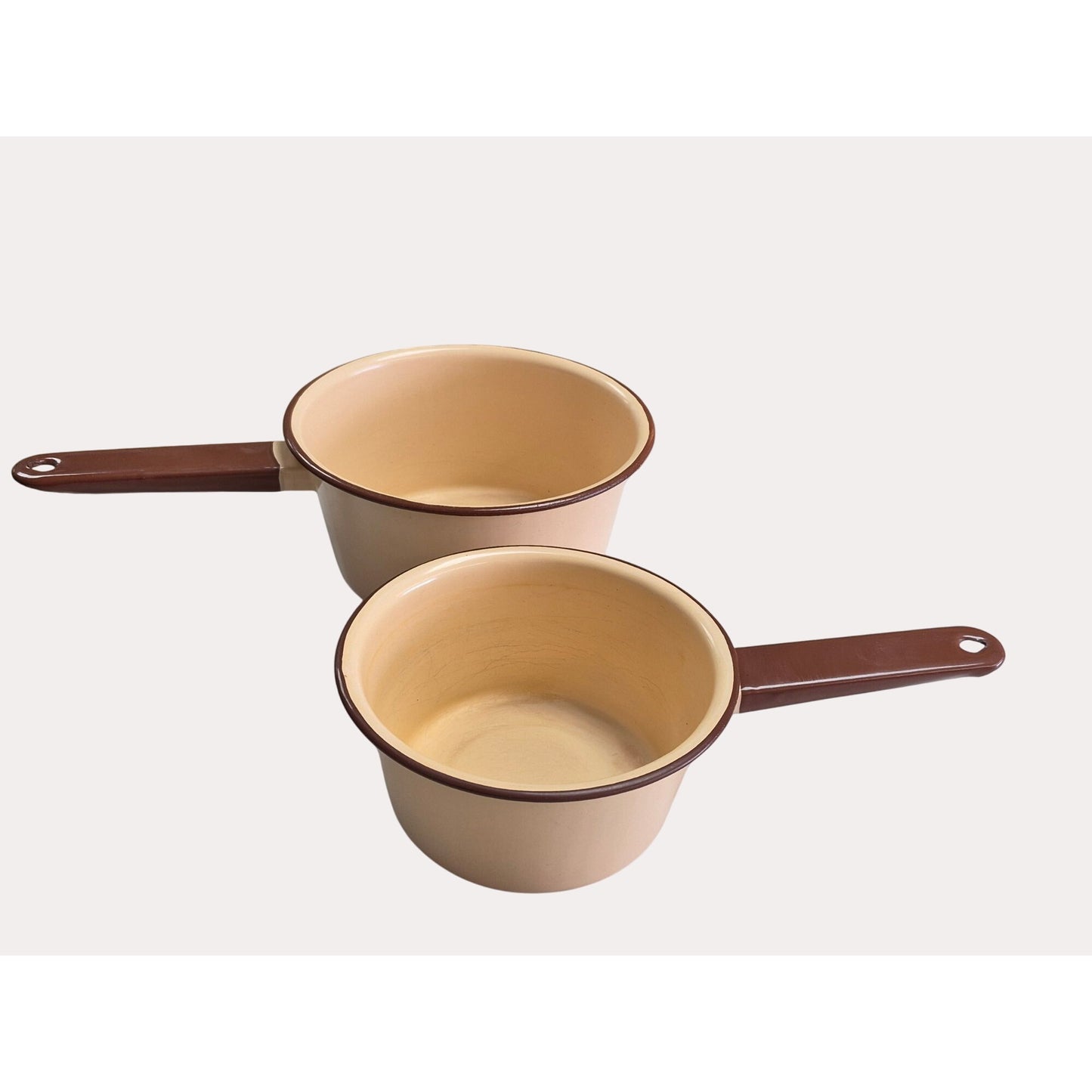 Set 2 Vintage Tan & Brown Enamel Saucepans Handles