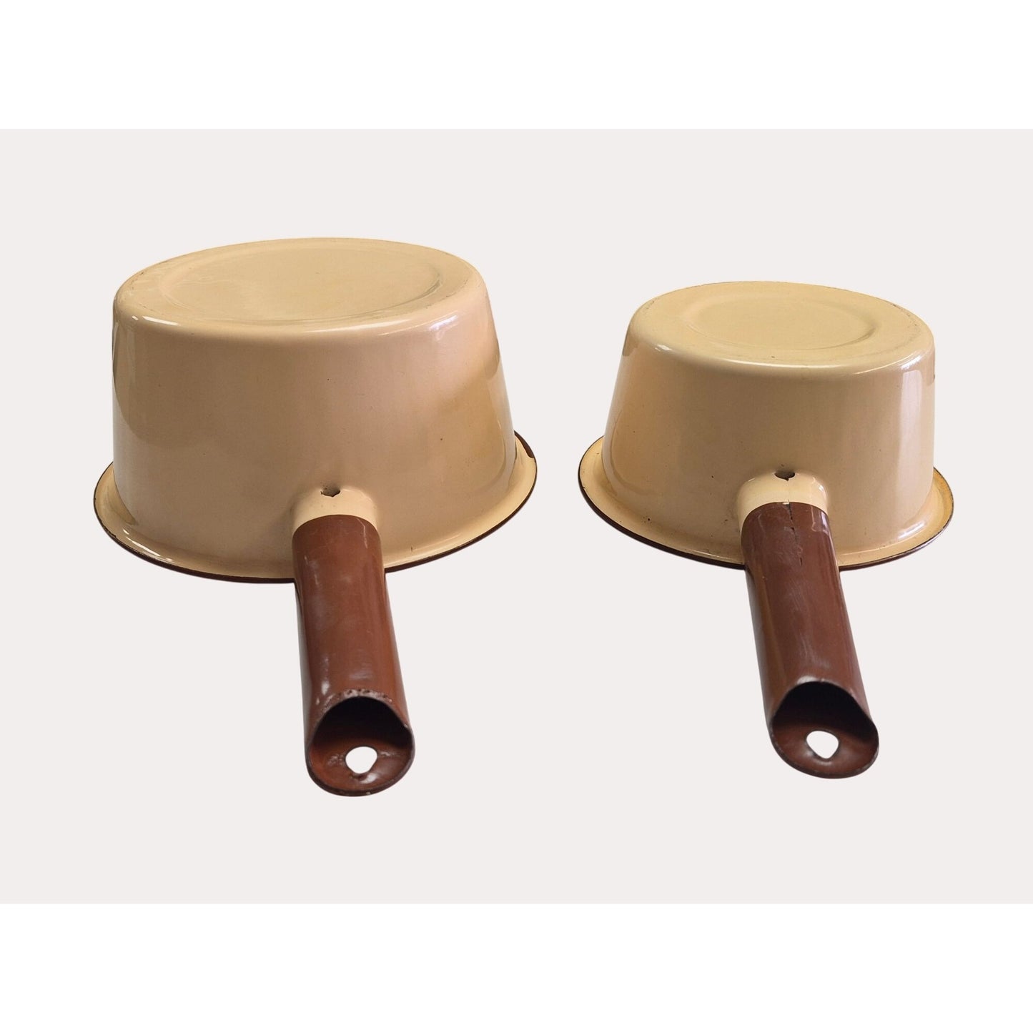 Set 2 Vintage Tan & Brown Enamel Saucepans Handles