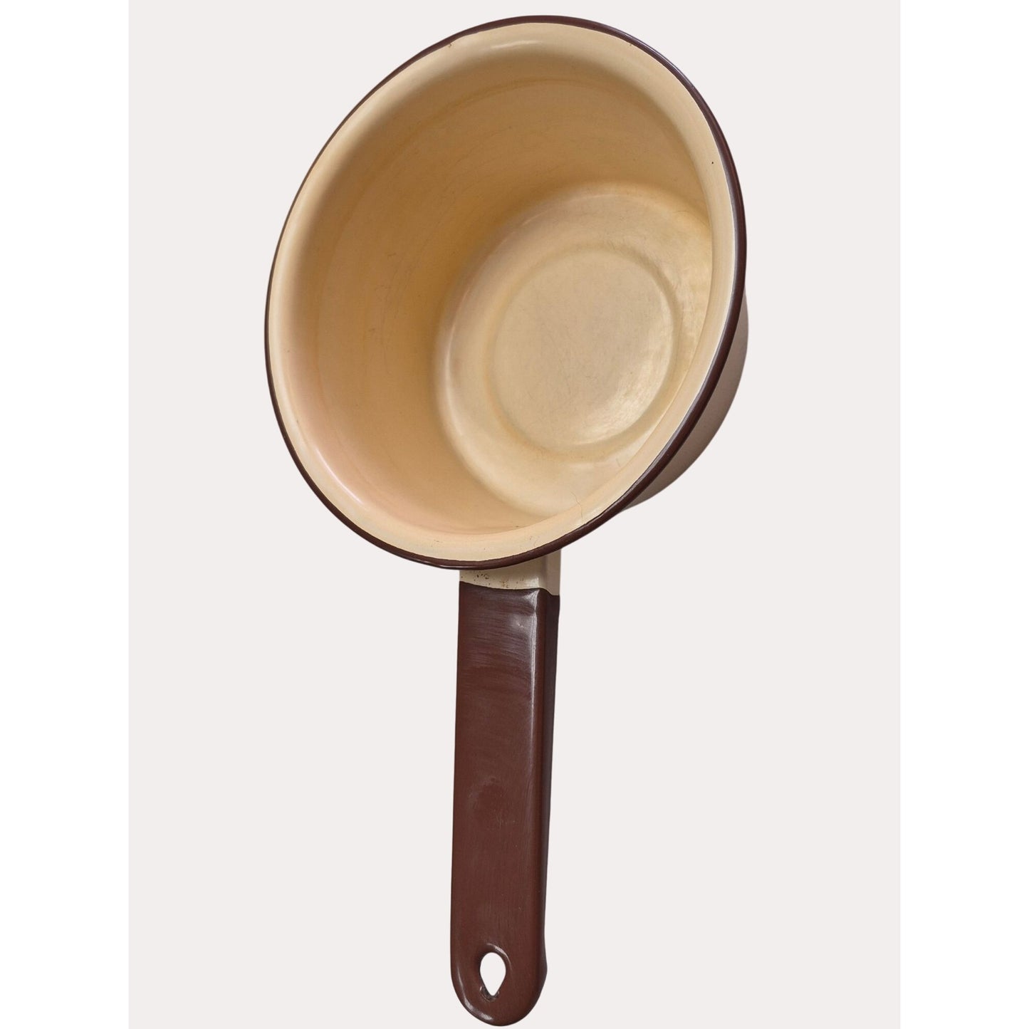 Set 2 Vintage Tan & Brown Enamel Saucepans Handles