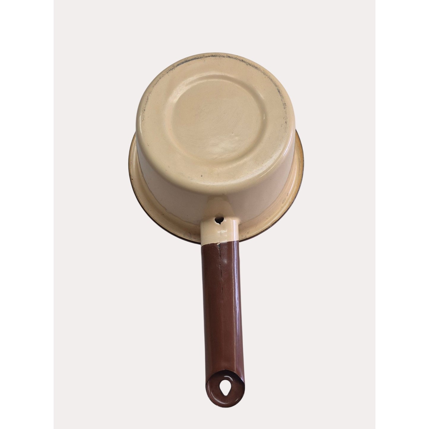 Set 2 Vintage Tan & Brown Enamel Saucepans Handles