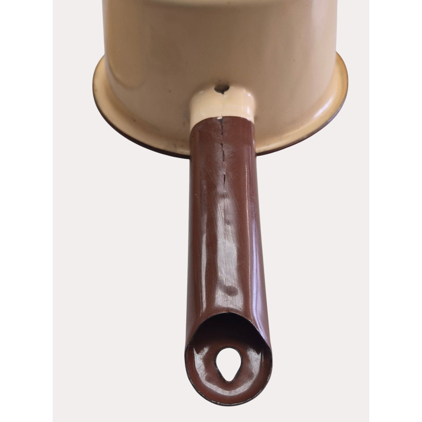 Set 2 Vintage Tan & Brown Enamel Saucepans Handles