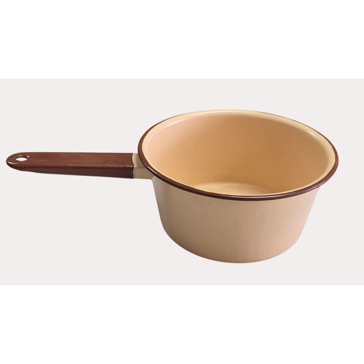 Set 2 Vintage Tan & Brown Enamel Saucepans Handles