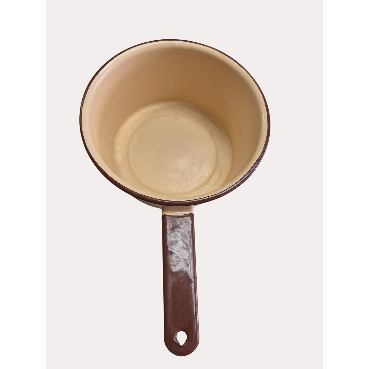 Set 2 Vintage Tan & Brown Enamel Saucepans Handles