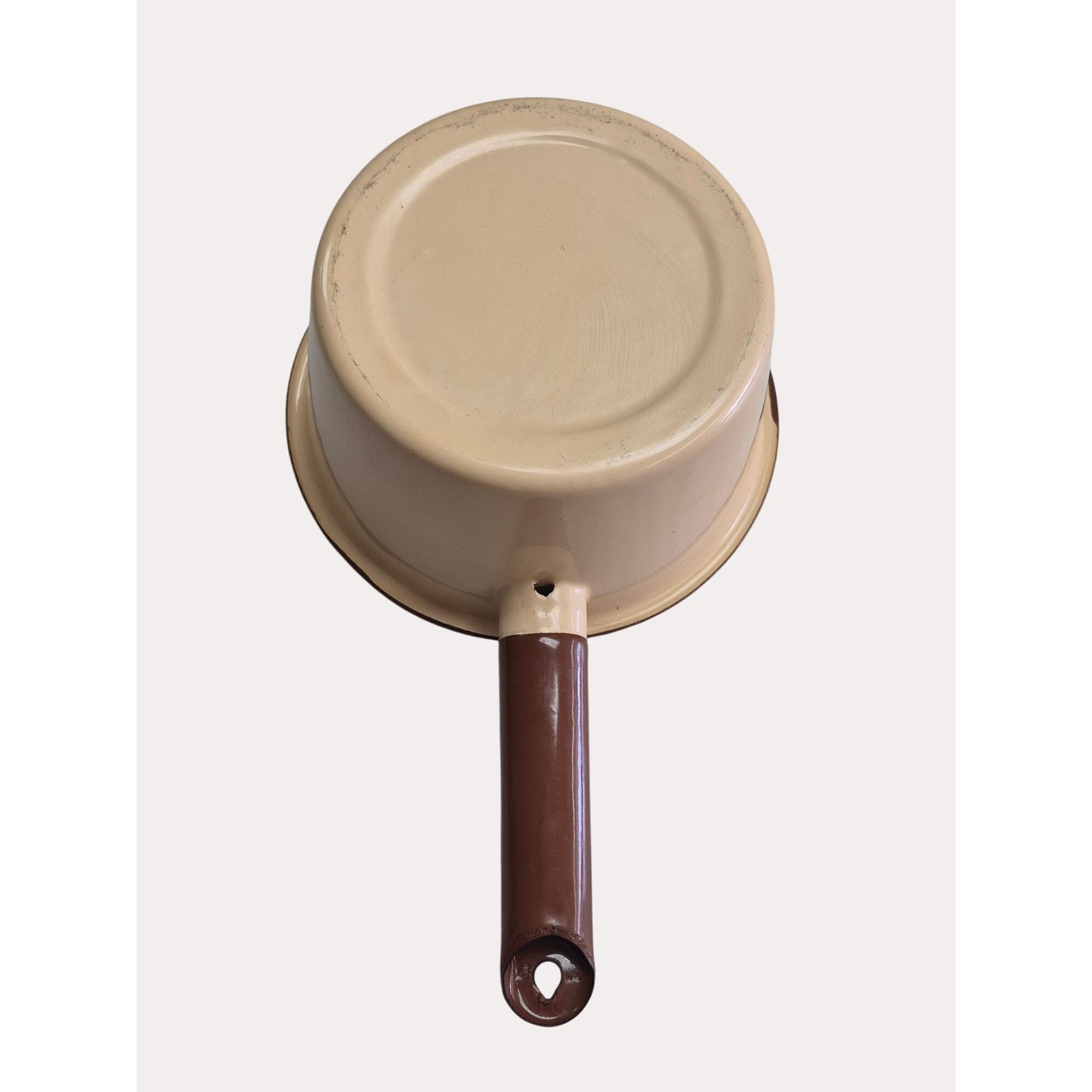 Set 2 Vintage Tan & Brown Enamel Saucepans Handles