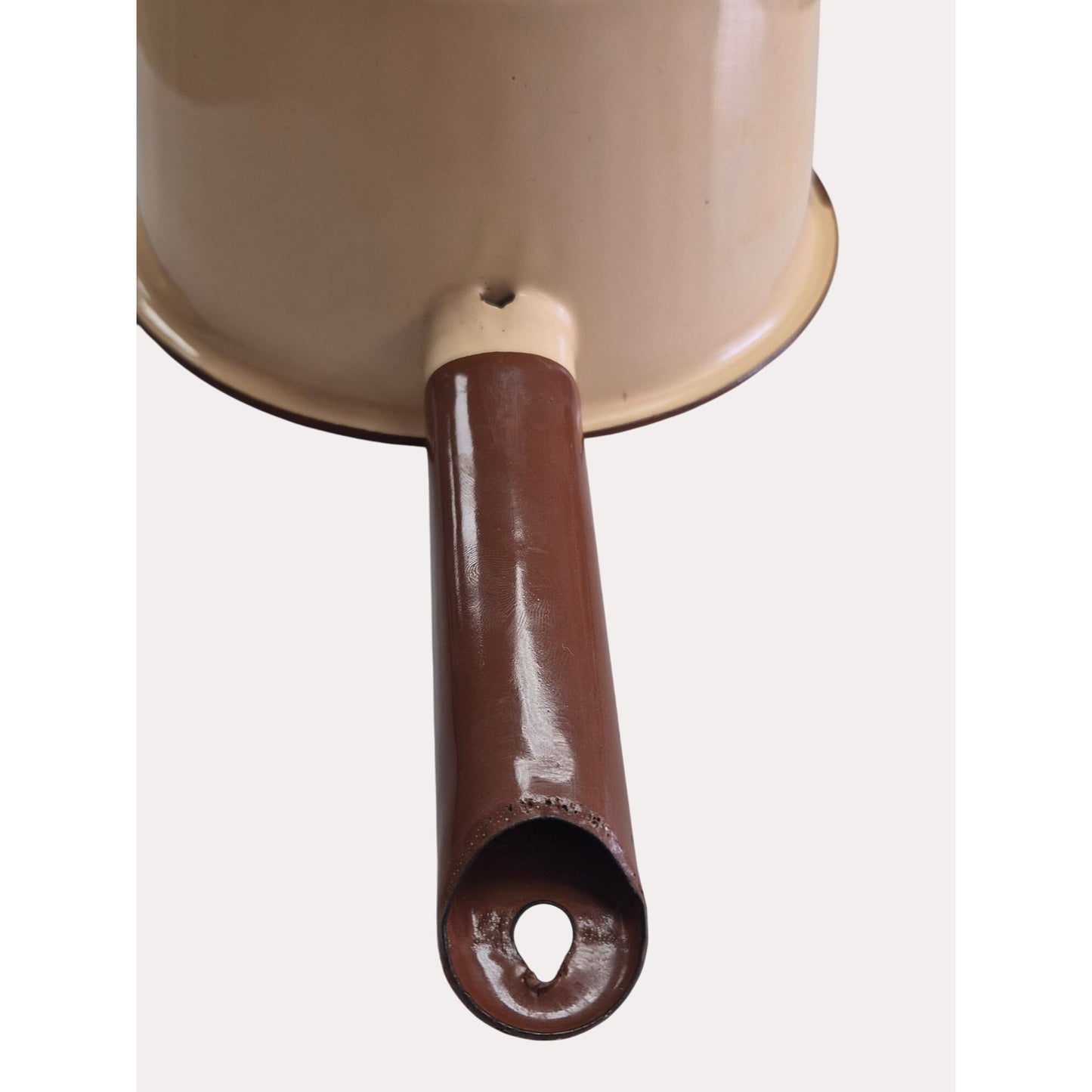 Set 2 Vintage Tan & Brown Enamel Saucepans Handles