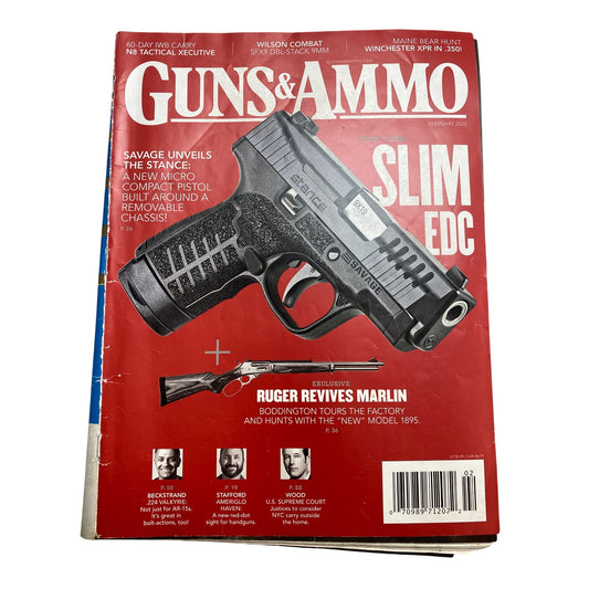 Guns & Ammo February 2022 Magazine Featuring Slim EDC Savage Stance & Ruger Marlin With Expert Laser Marksman System Ad