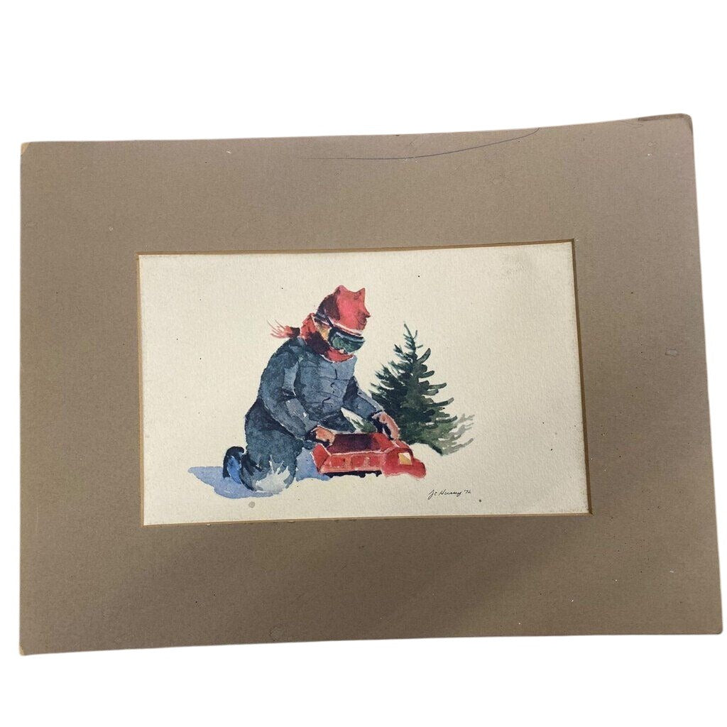 Vintage Watercolor Print J.C. Hussey 1972 Winter Scenes Children Playing Snow Sled Art Set 4