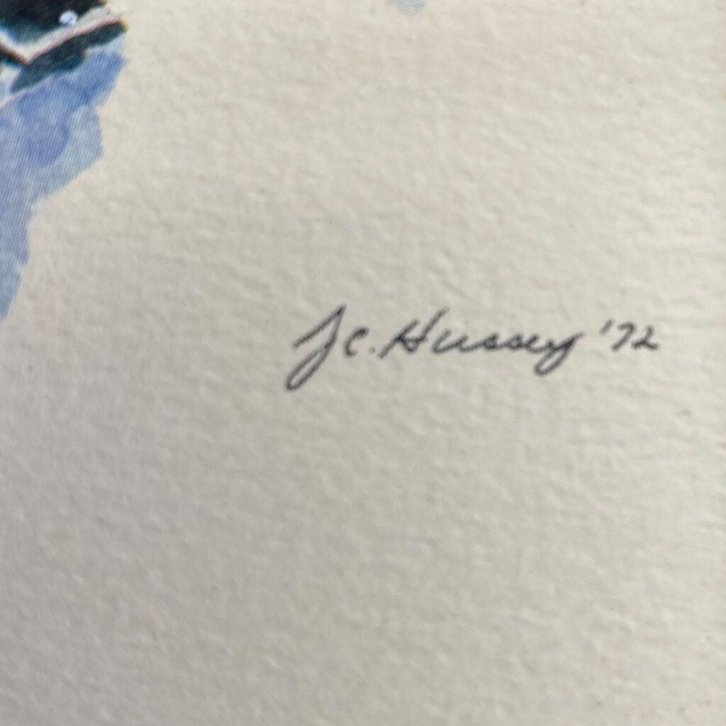 Vintage Watercolor Print J.C. Hussey 1972 Winter Scenes Children Playing Snow Sled Art Set 4