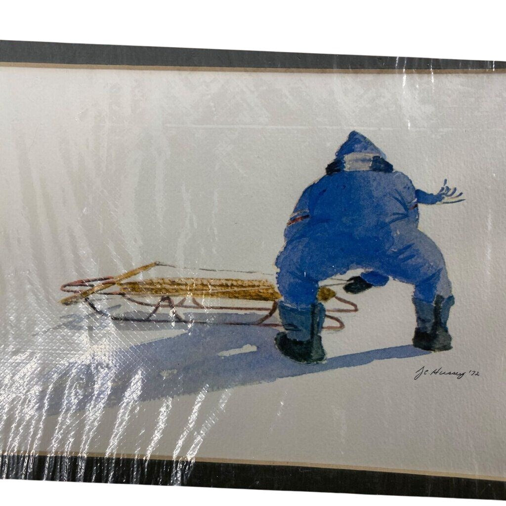 Vintage Watercolor Print J.C. Hussey 1972 Winter Scenes Children Playing Snow Sled Art Set 4