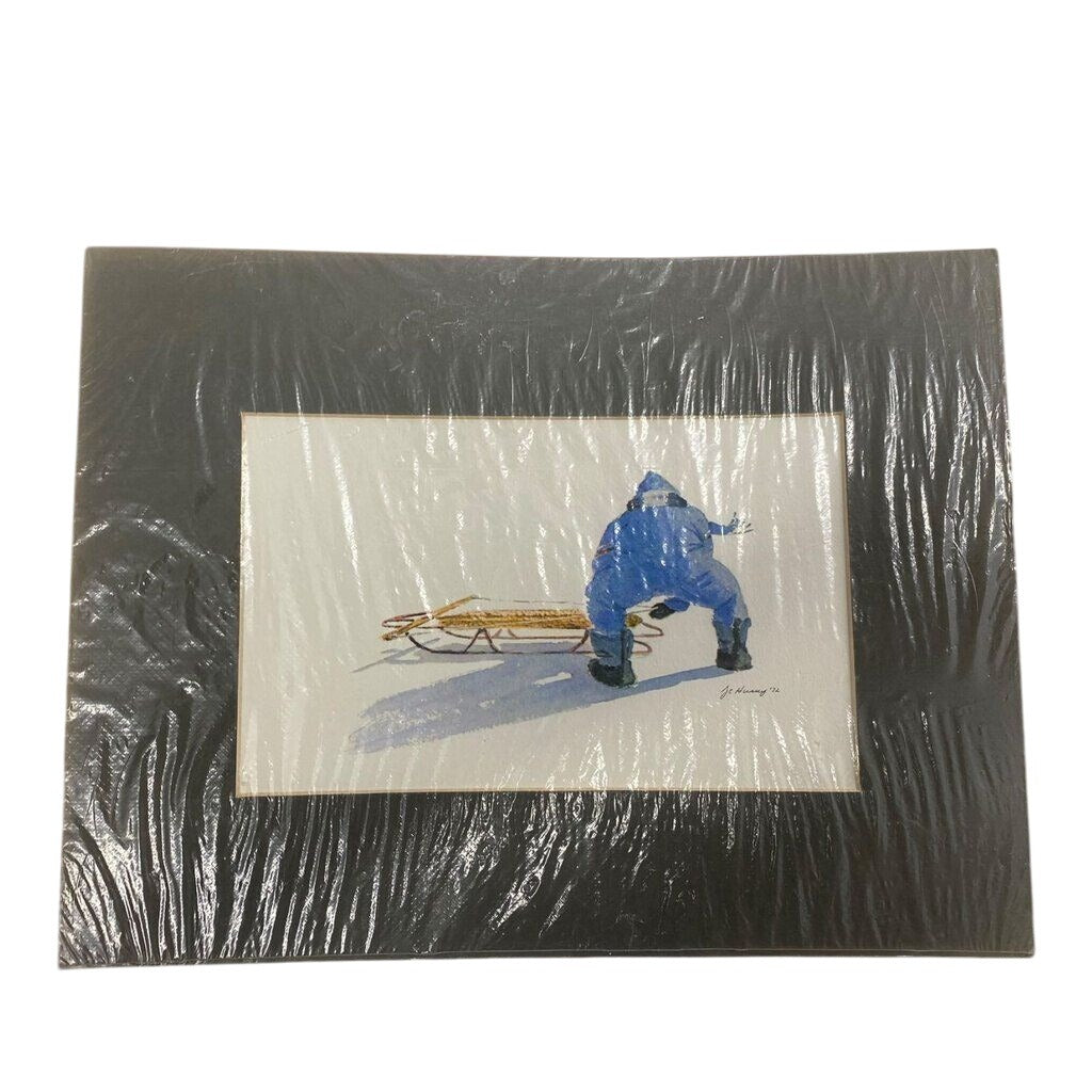 Vintage Watercolor Print J.C. Hussey 1972 Winter Scenes Children Playing Snow Sled Art Set 4