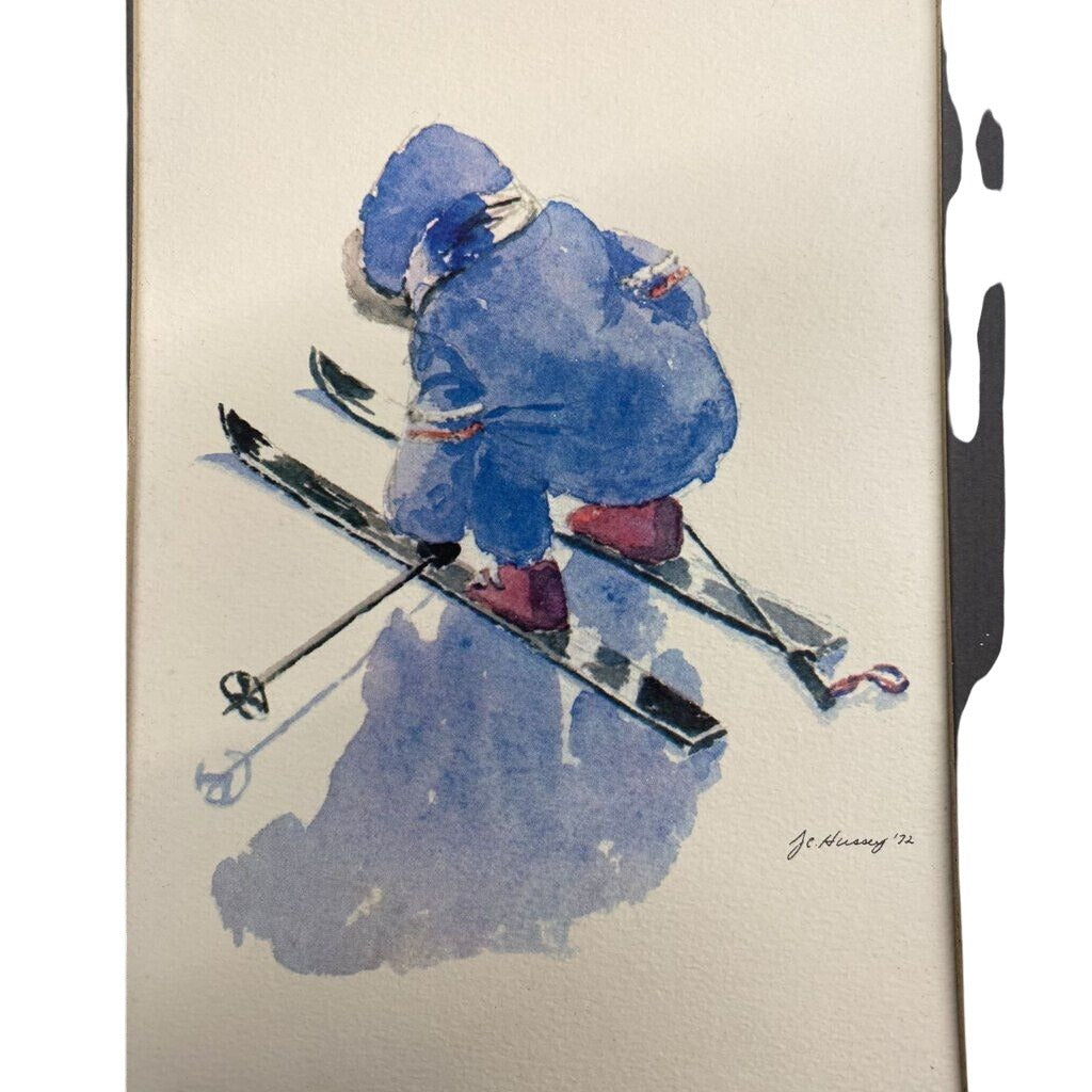 Vintage Watercolor Print J.C. Hussey 1972 Winter Scenes Children Playing Snow Sled Art Set 4