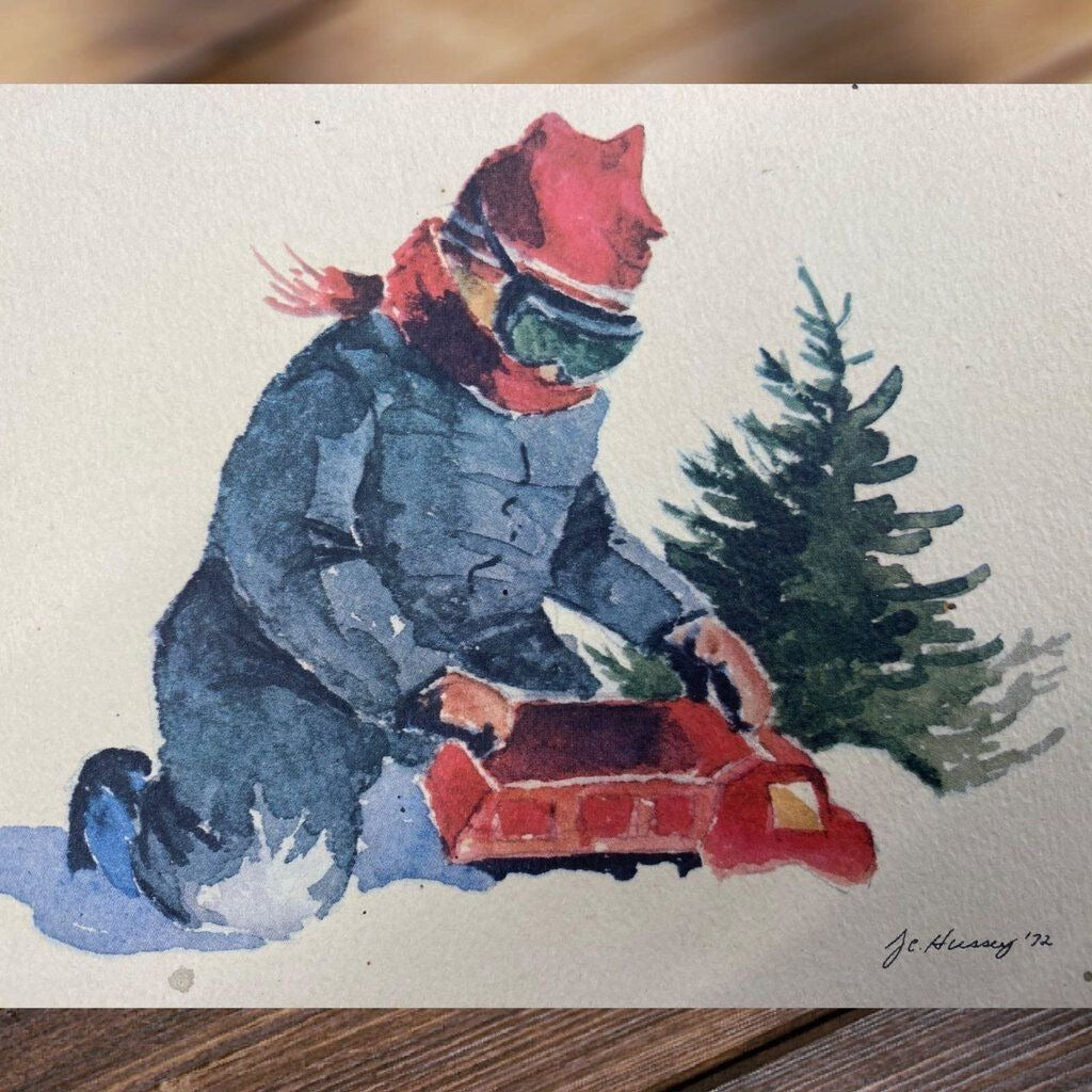 Vintage Watercolor Print J.C. Hussey 1972 Winter Scenes Children Playing Snow Sled Art Set 4
