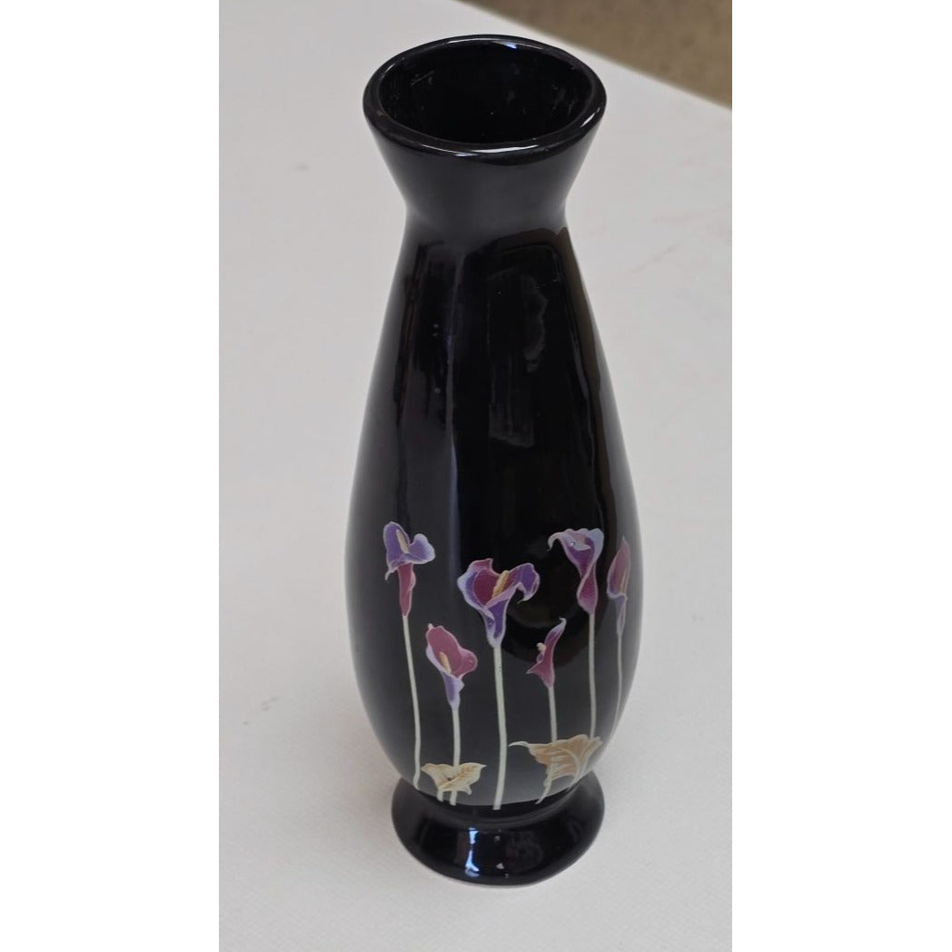 Black Ceramic Vase With Hand-Painted Purple Flower Design - Elegant Home Decor Accent Piece