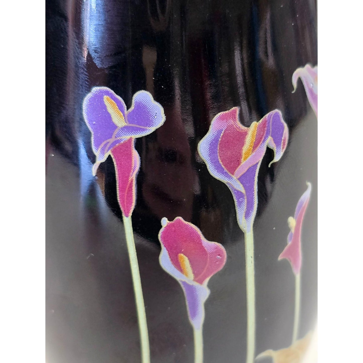 Black Ceramic Vase With Hand-Painted Purple Flower Design - Elegant Home Decor Accent Piece