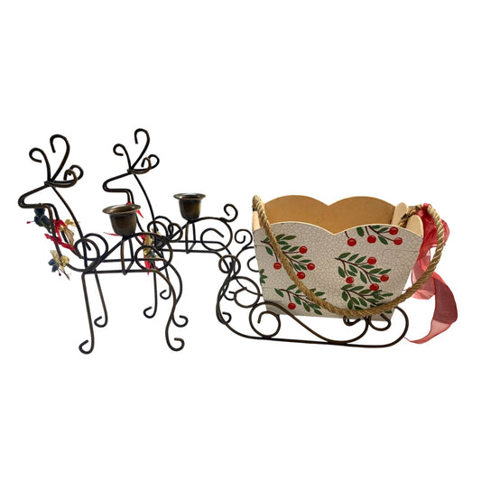 Decorative Reindeer Candle Holder & Sleigh Basket Set