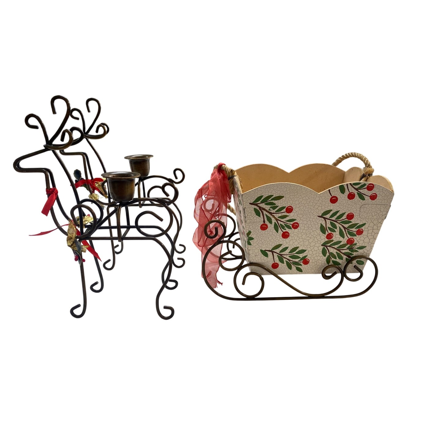 Decorative Reindeer Candle Holder & Sleigh Basket Set