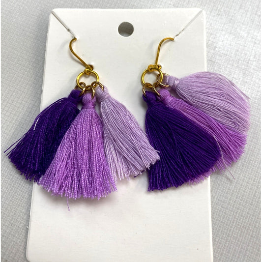 New Handmade Fan Tassel Earrings Gold Boho Jewelry Plum Purple Thread