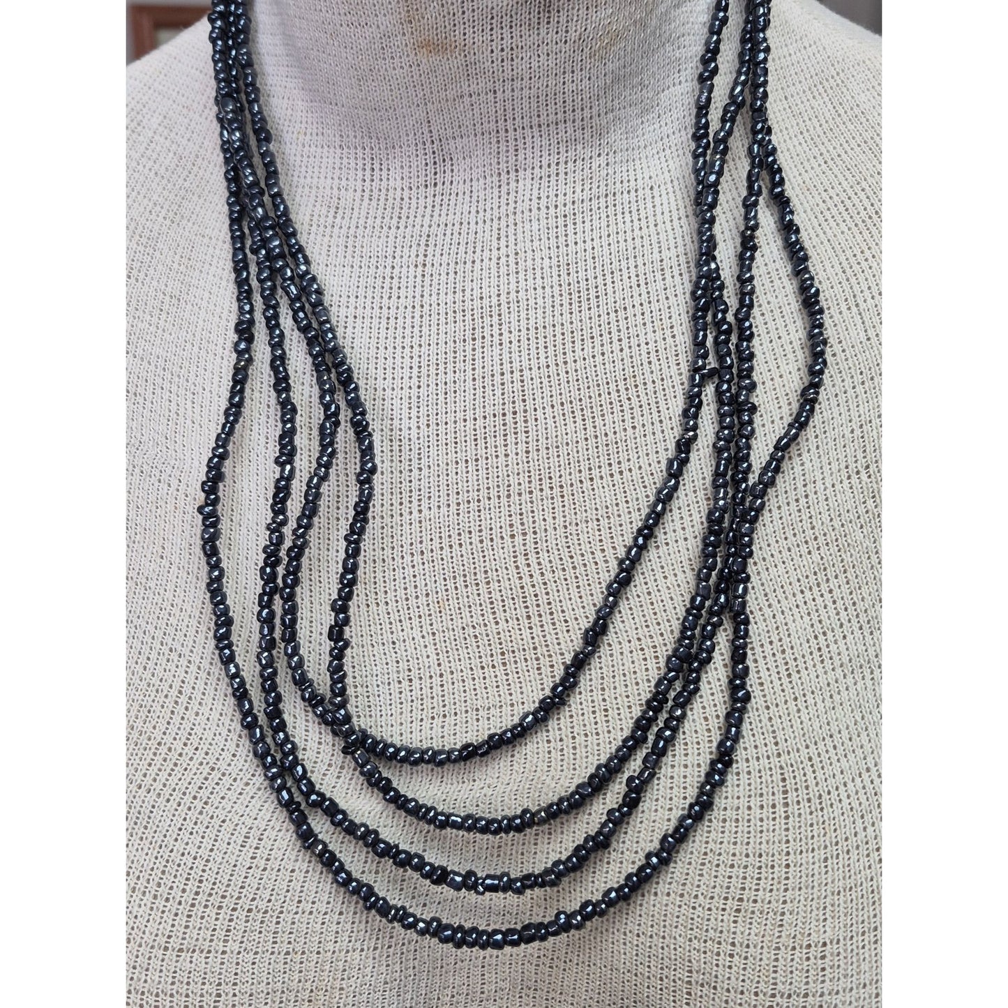 Black Beaded Hematite Multi-Strand Necklace 100" Lobster Clasp Closure