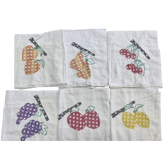 Vintage Cotton Dish Towels Set 6 Fruit  27" x 29"