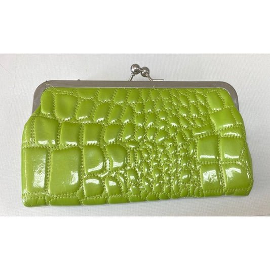 Kristine Lime Green Clutch Crocodile Pattern Pink Interior