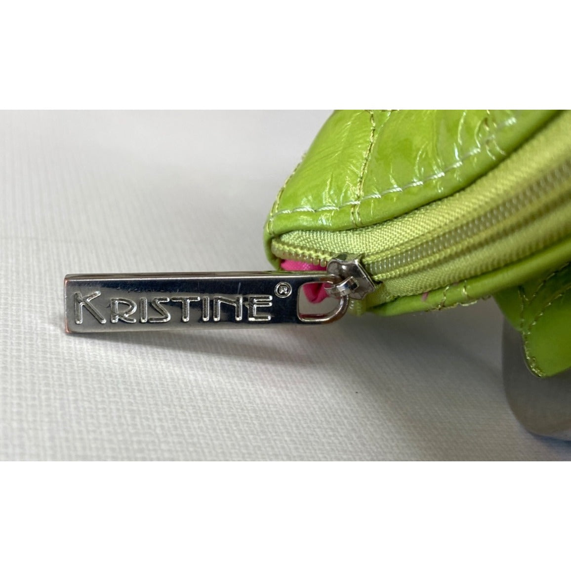 Kristine Lime Green Clutch Crocodile Pattern Pink Interior