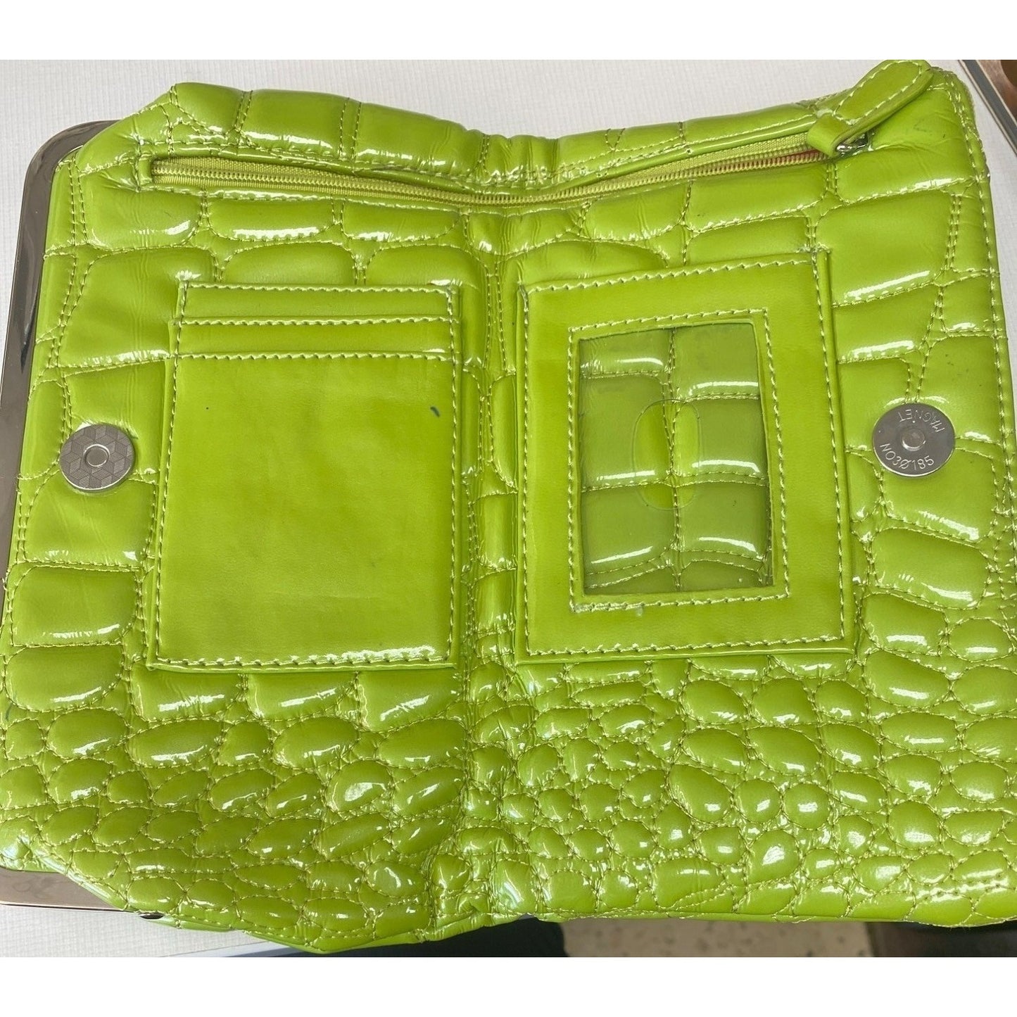 Kristine Lime Green Clutch Crocodile Pattern Pink Interior