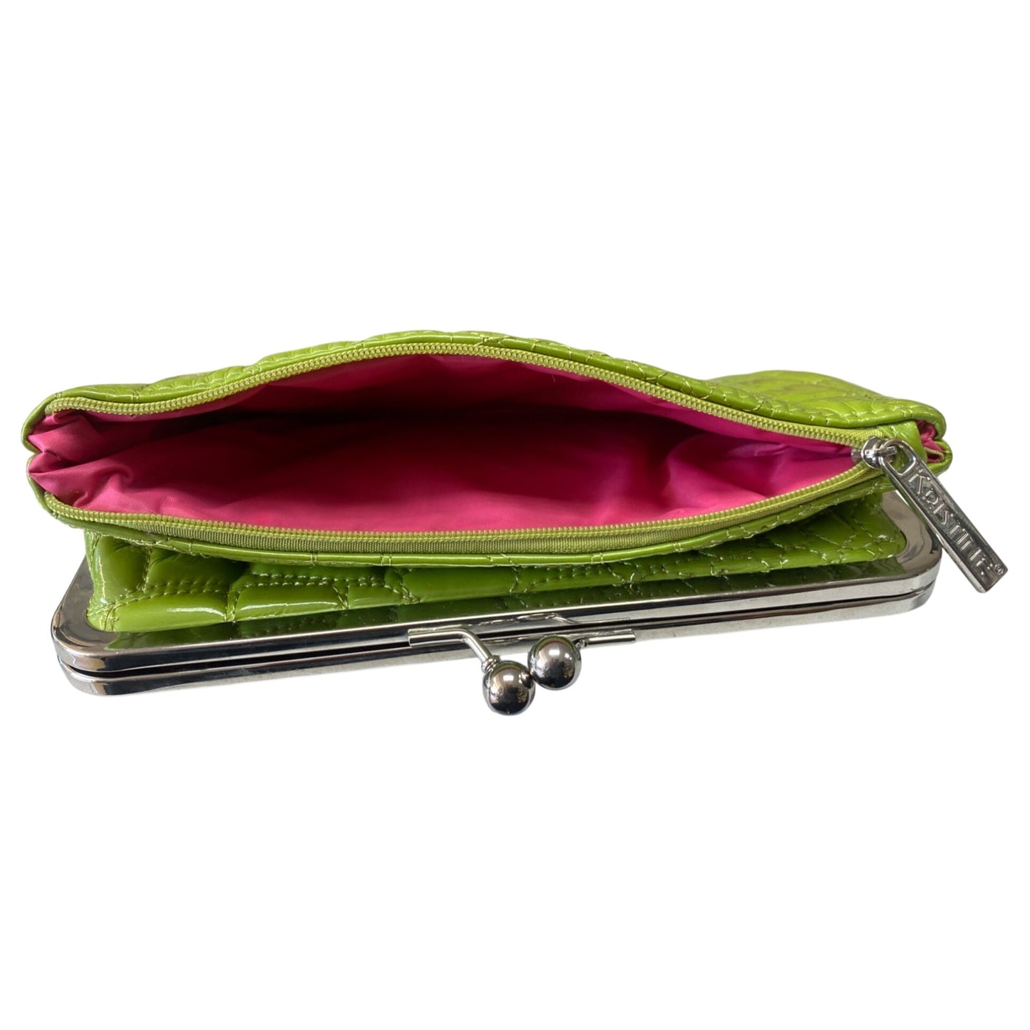 Kristine Lime Green Clutch Crocodile Pattern Pink Interior