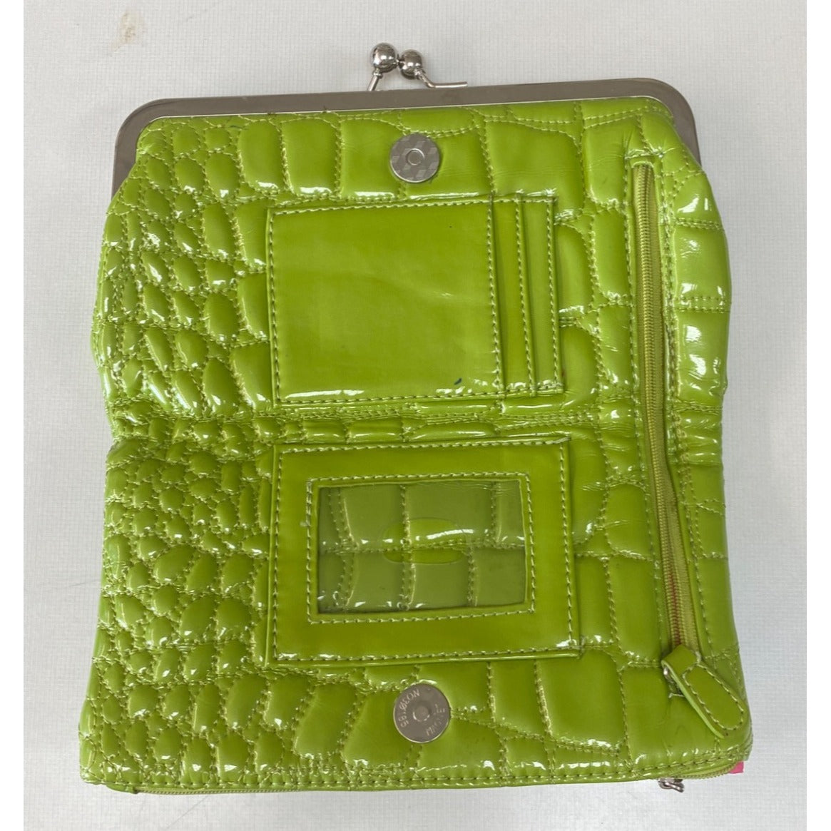 Kristine Lime Green Clutch Crocodile Pattern Pink Interior