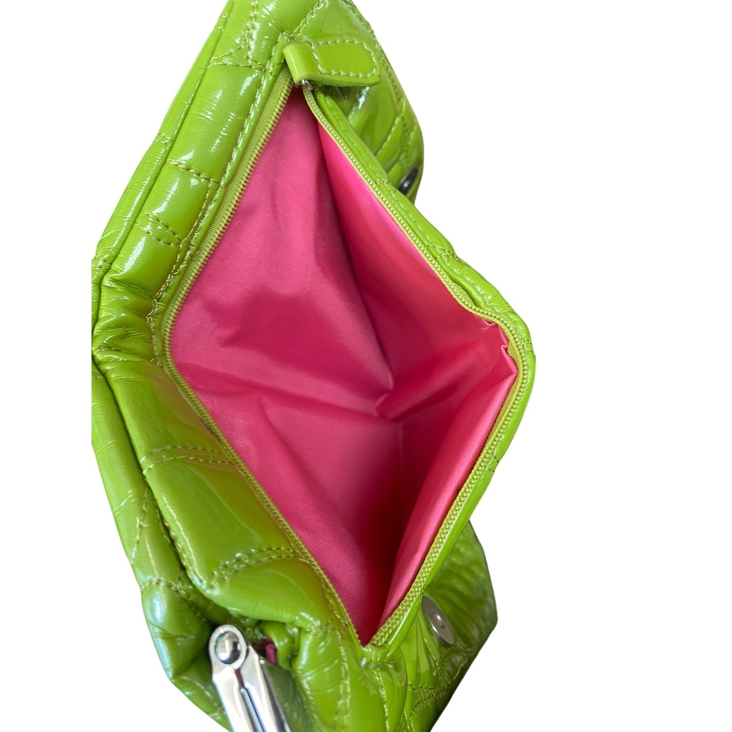 Kristine Lime Green Clutch Crocodile Pattern Pink Interior