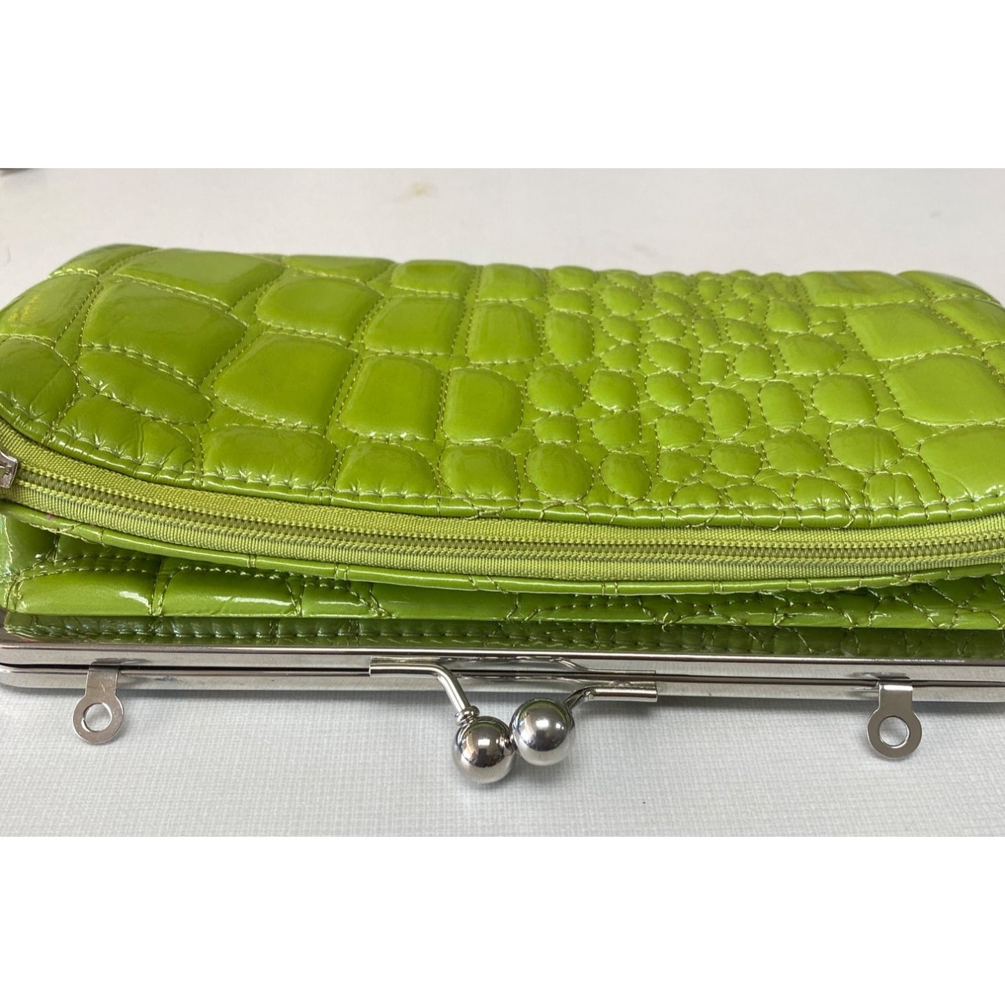 Kristine Lime Green Clutch Crocodile Pattern Pink Interior