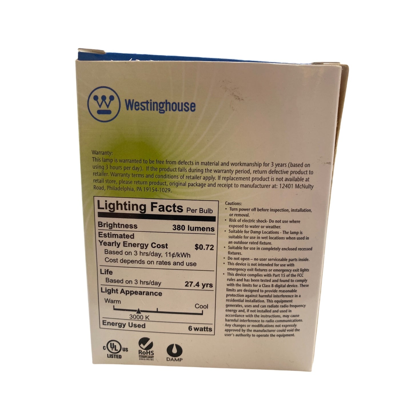 Westinghouse General Purpose LED Bulb 6W 380 Lumens Dimmable 35W Replacement Warm White 3000K Energy Saver Lasts 25 Years