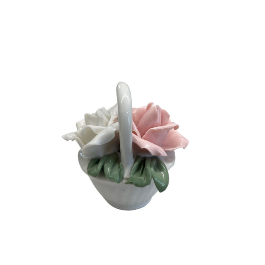 Vintage Porcelain Floral Basket With Pink & White Roses Silvestri