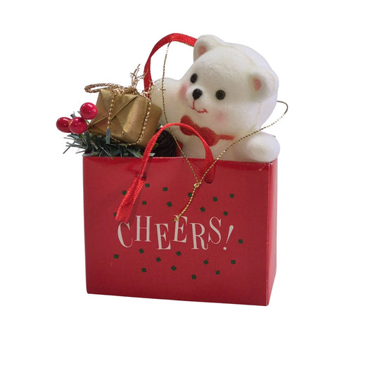Holiday Bear Ornament In Red Gift Bag With "Cheers!" Message