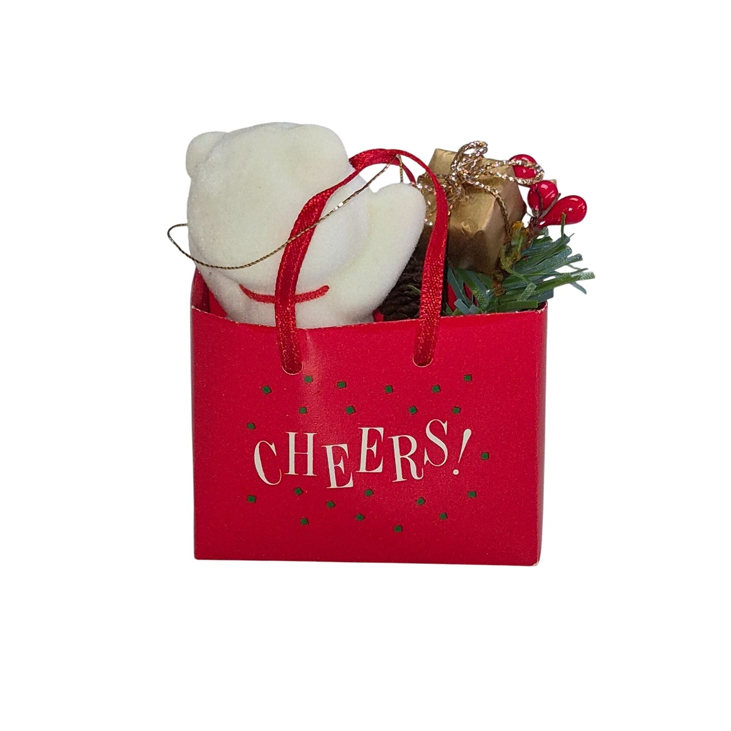Holiday Bear Ornament In Red Gift Bag With "Cheers!" Message