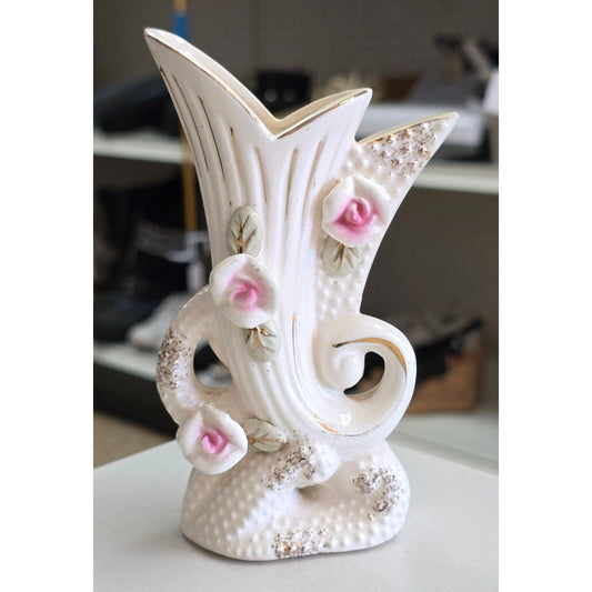 Vintage Ceramic Double Horn Vase Pink Rose Accents Gold Detailing