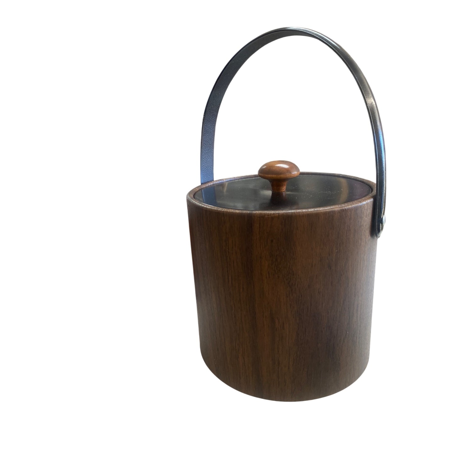 Irvinware Mid-Century Modern Wood look Ice Bucket With Black Handle & Lid