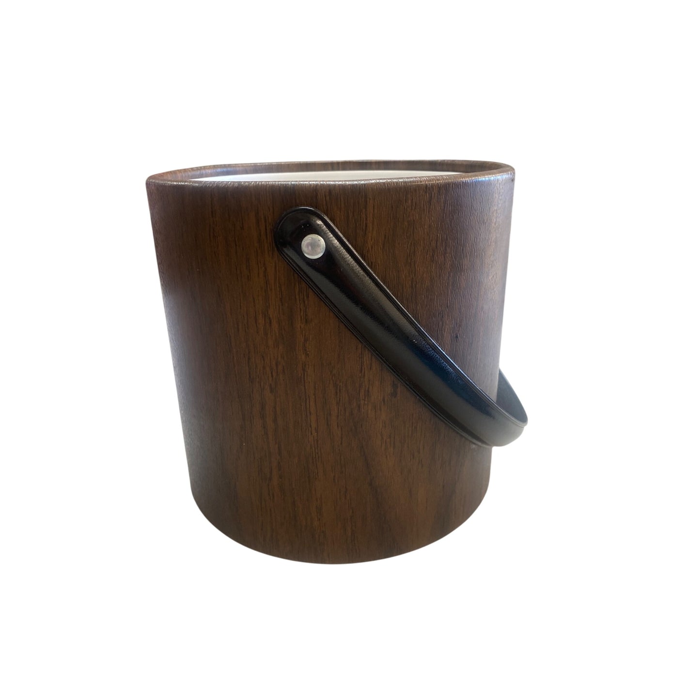 Irvinware Mid-Century Modern Wood look Ice Bucket With Black Handle & Lid