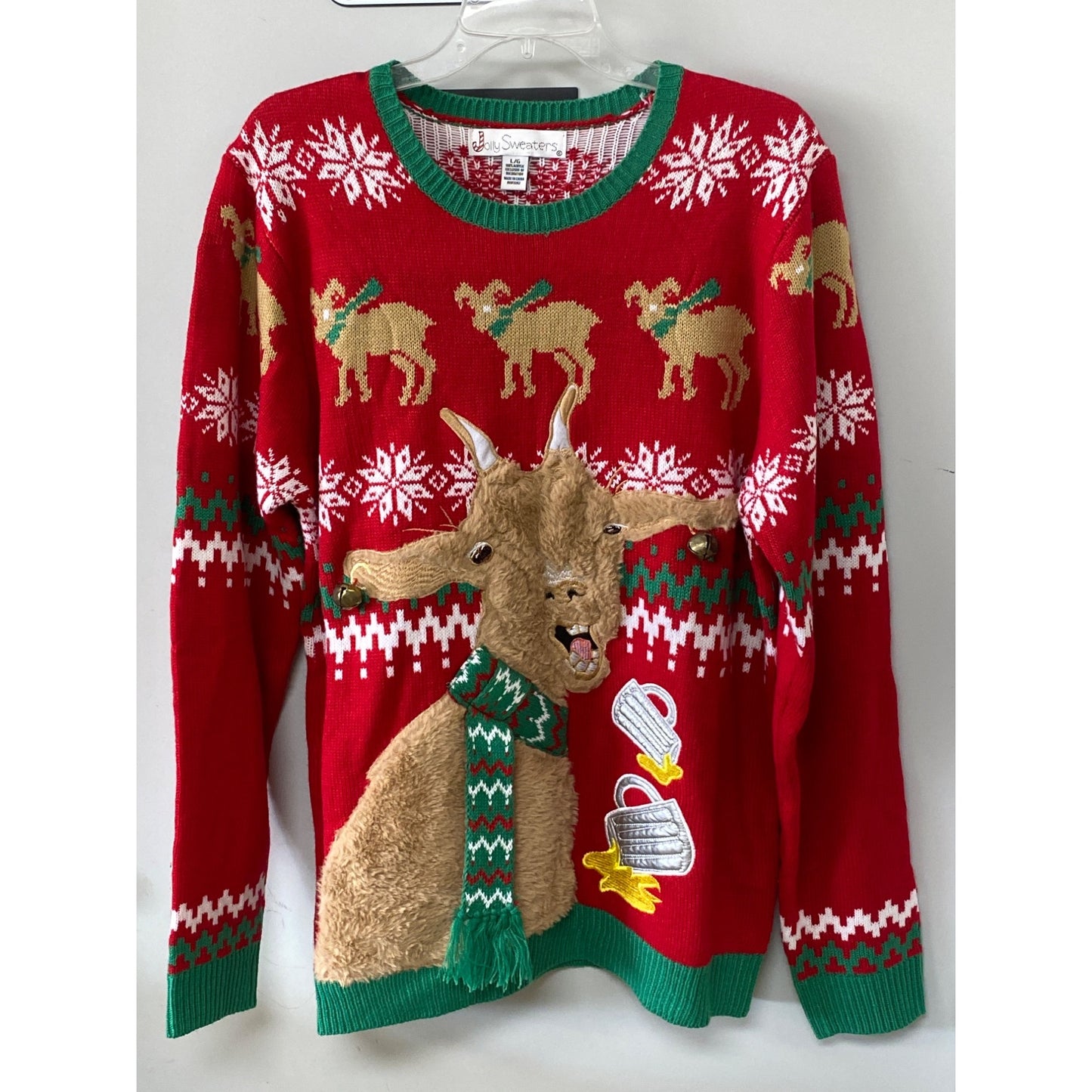 Jolly Sweaters Ugly Christmas Sweater L Red Goats & Snowflakes Design