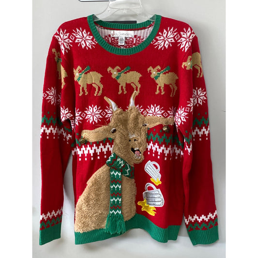 Jolly Sweaters Ugly Christmas Sweater L Red Goats & Snowflakes Design