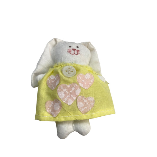 Handmade White Bunny Brooch With Yellow Dress & Heart Accents