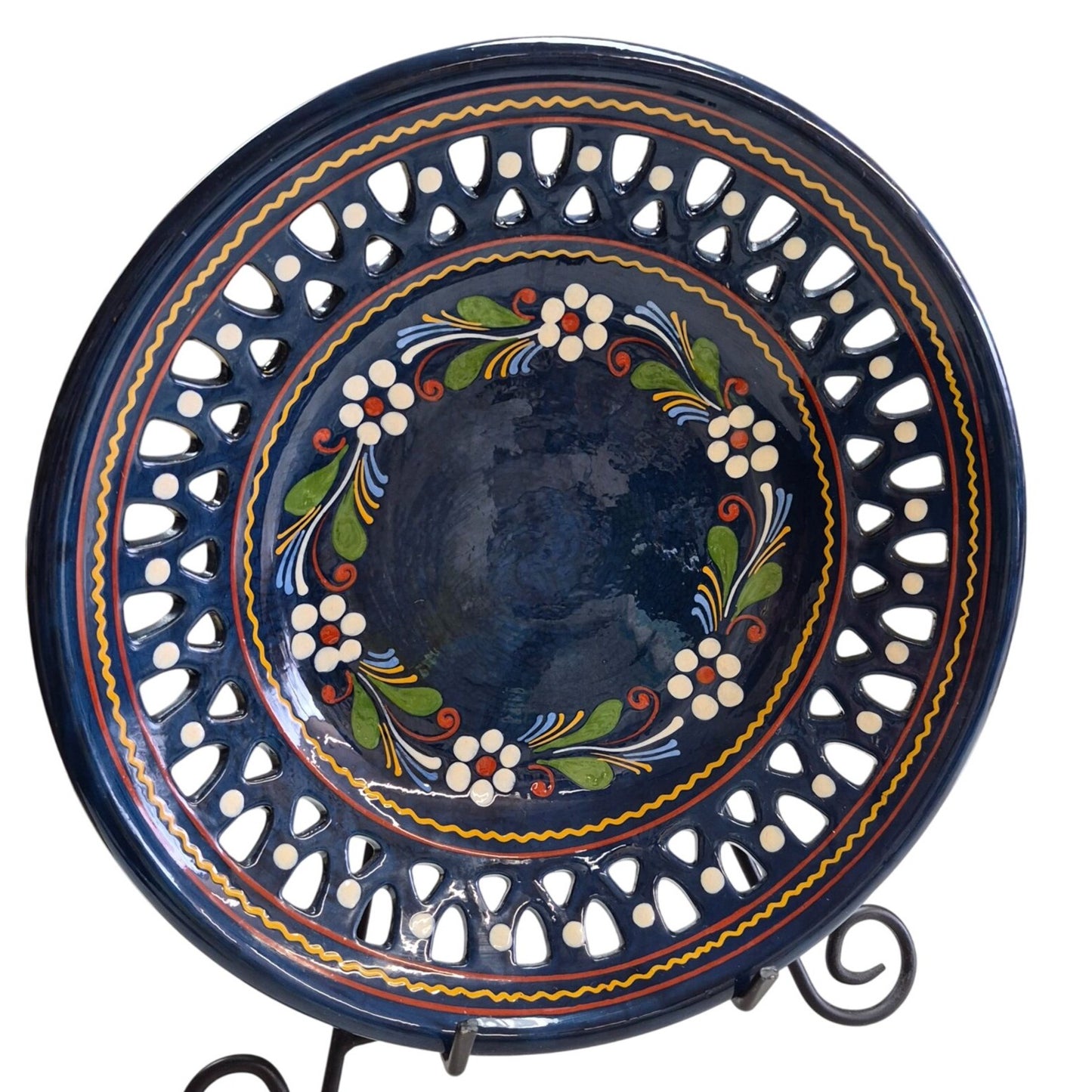 Navy Cut Out Floral Plate 12" Wall Hanger Display Shallow Bowl Dish