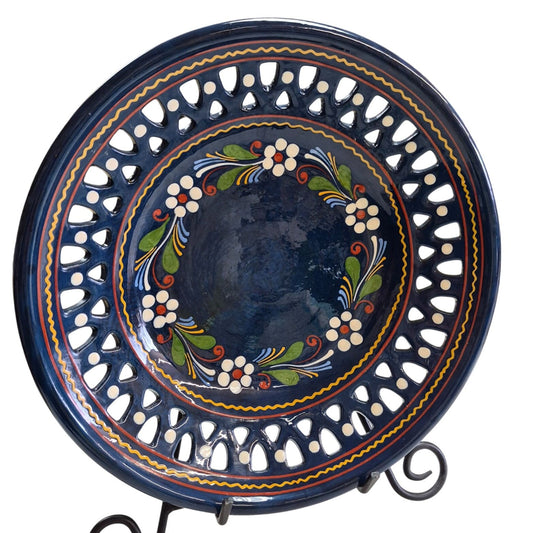 Navy Cut Out Floral Plate 12" Wall Hanger Display Shallow Bowl Dish