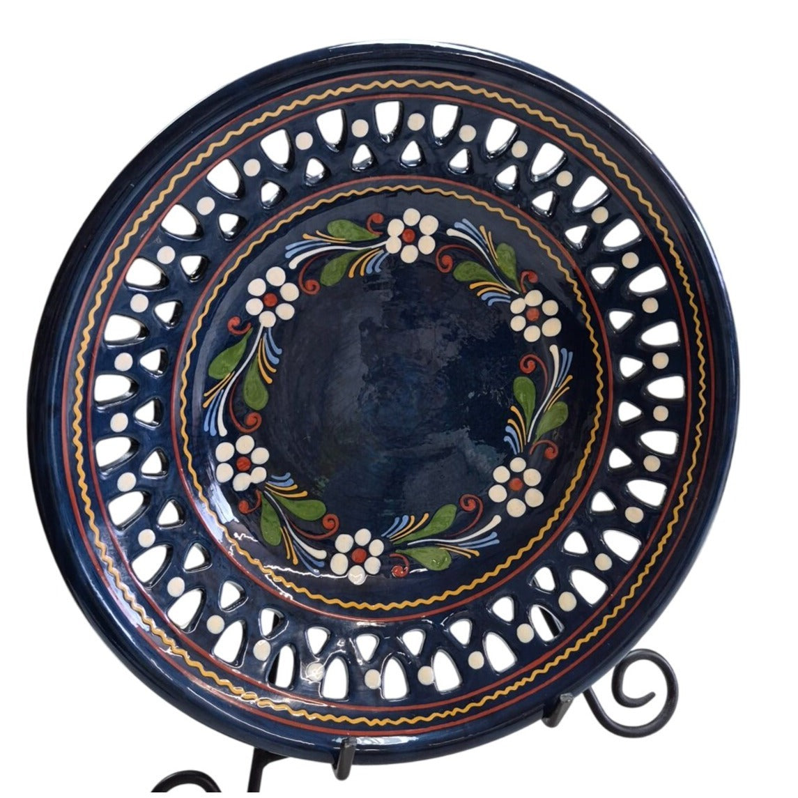 Navy Cut Out Floral Plate 12" Wall Hanger Display Shallow Bowl Dish