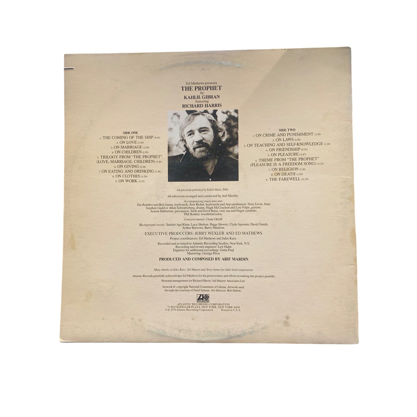 The Prophet Kahlil Gibran Richard Harris Vinyl LP 1974 Arif Mardin Atlantic Records Stereo 2 Sides