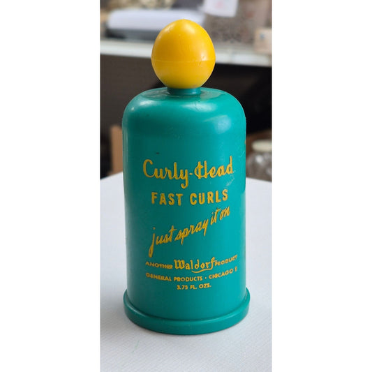 Vintage Waldorf General Products Chicago Curly Head Bottle Teal Yellow Empty