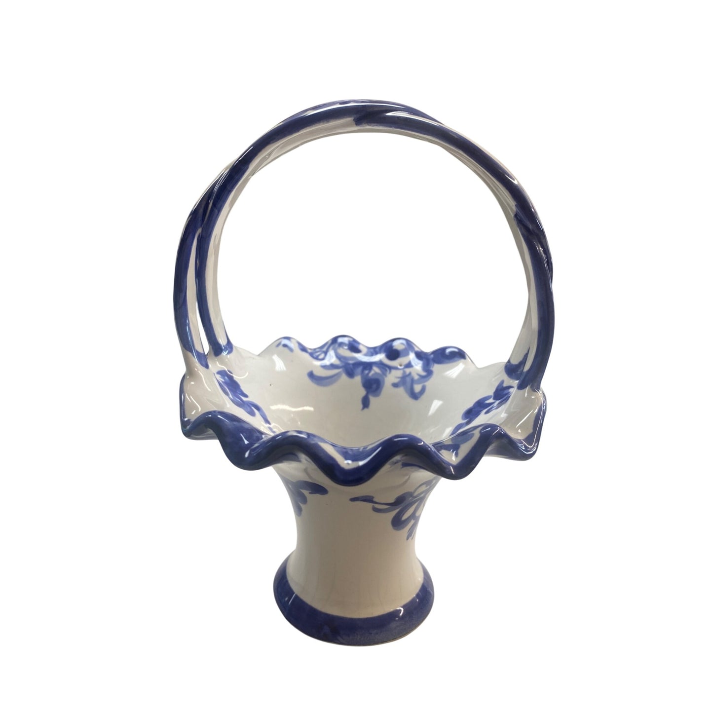 Hand-Painted Blue & White Ceramic Basket Vase With Floral Design Made In Portugal